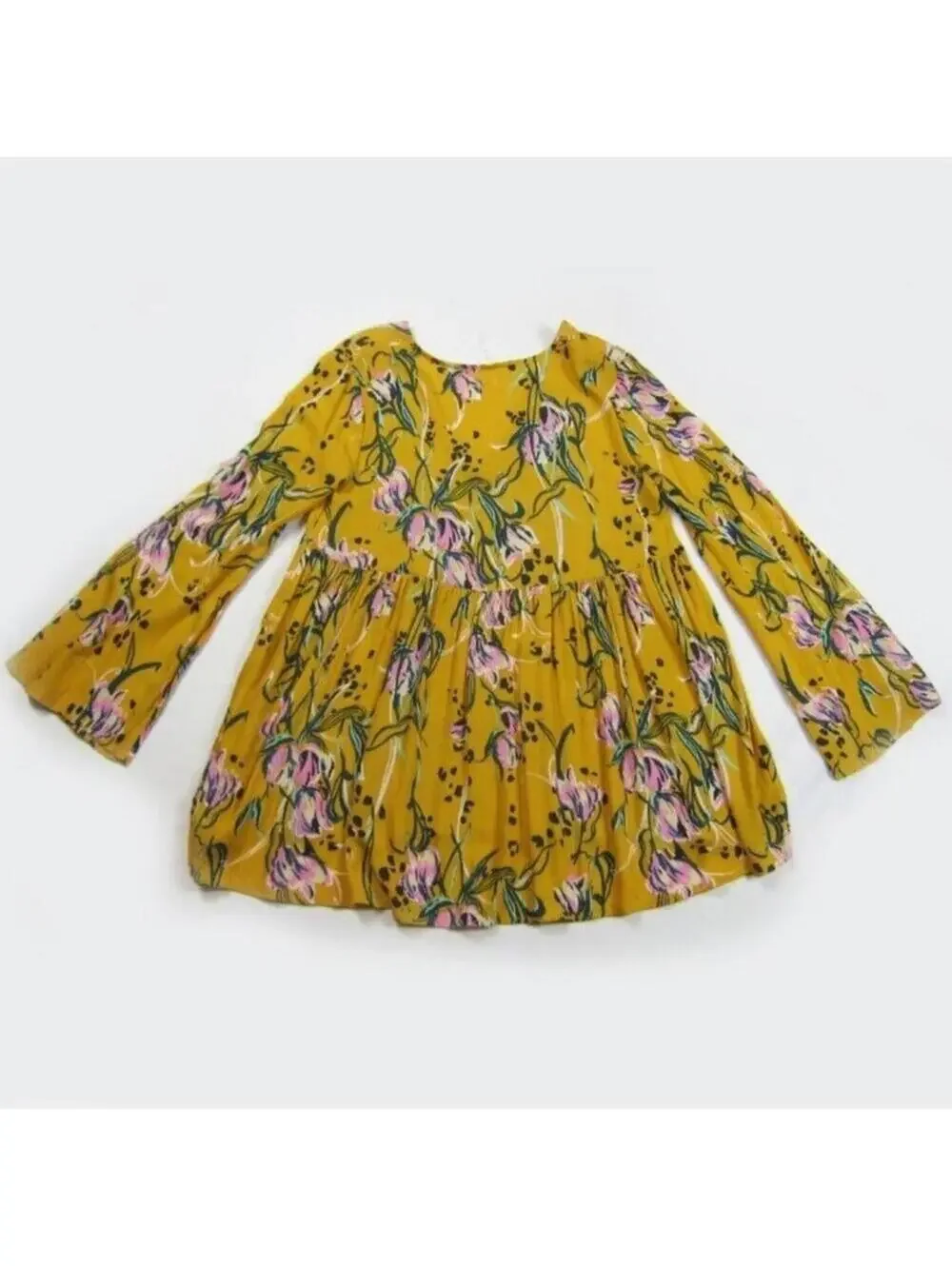 NWT Free People Yellow Floral Boho Bell Sleeve Tunic Mini Dress Small V-Neck NEW